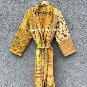 Handgefertigte Baumwolle Kantha Kimono Robe: Lange Winterjacke