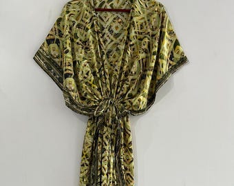 Sari Kaftán de Seda Reciclada: Cubrebaño estilo bohemio para la playa, ropa de resort india # 03