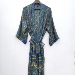 Vintage Silk Kimono Robe: Recycled Saree Fabric, Beach Cover Up # 175