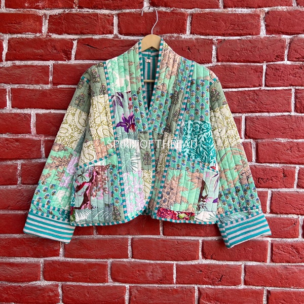 Handmade Patchwork Jacket, Hand Stitched Cotton Patchwork Jacket, Cotton Sari Kantha Coat, Short Jacket, Patch work coat, Patch Work jacket