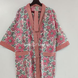 Hand Block Printed Cotton Kimono Robe: Floral Bath Robe