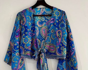 Floral Printed Silk Crop Top, Indian Handmade Bell Sleeve Silk Tie Top, Silk Wrap Blouse For Women, Front Tie Boho Crop Top #02