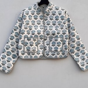 Hand Block Print Quilted Cotton Jacket: Reversible Lurex Floral Coat