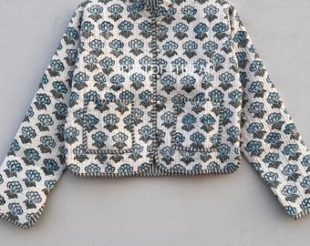 Hand Block Print Quilted Cotton Jacket: Reversible Floral Coat