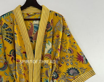 Schönes Baumwoll-Kimono-Kleid, Bademantel Kimono, handbedruckter Baumwoll-Kimono, Duschmantel, Baumwoll-Kimono-Robe, Morgenmantel
