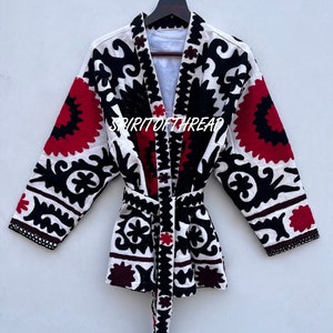 Handmade Cotton Suzani Embroidery Kimono Jacket with Belt