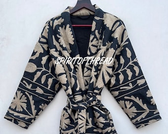 Hand Embroidered Black Short Suzani Jacket Classical Jacket Robe