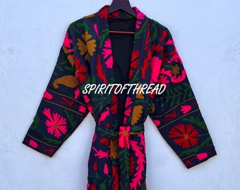 100% Cotton Multicolored Embroidery Jacket Women Long Suzani Jacket Floral Bohemian Jacket