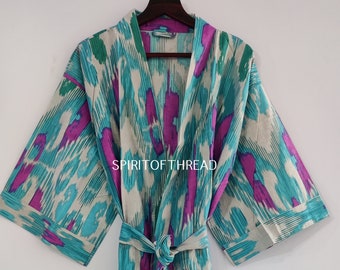 Summer Ikat Print Cotton Kimono Robe Style Bathrobe Block Print Handmade Maxi Dress Dressing Gown Bridesmaid Beach Cover Up Soft Comfortable