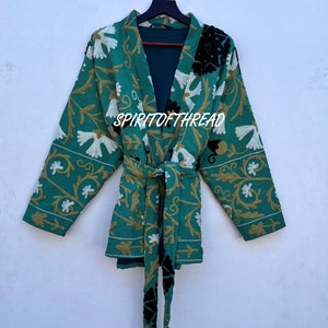 NEW Style Floral Printed Green Suzani Work Jacket Beautiful Cotton Embroidery Suzani Short Kimono Jacket