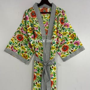 Handmade Cotton Kimono Robe: Floral Block Print Loungewear
