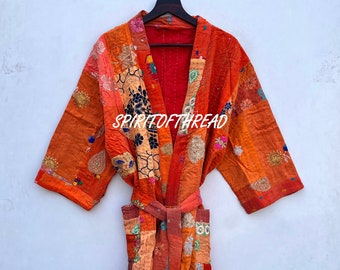 Veste kimono en patchwork Kantha fait main orange Robe de chambre Kantha Veste en patchwork de soie et coton # 02