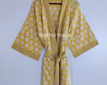 Kimono de algodón estampado a mano: bata kimono con estampado de hojas
