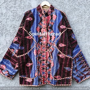 Reversible Vintage Kantha Jacket: Recycled Sari Fabric, Handmade Indian Coat