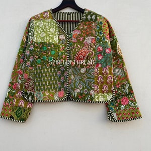 Green Patchwork Quilted Jacket: Floral Bohemian Reversible Coat