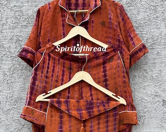 Tie Dye Silk Pajama Set: Recycled Crepe Short PJs with Pouch