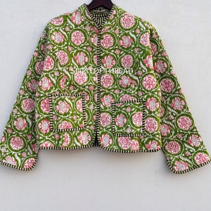Handgjord indisk bomullsquiltad jacka: Blommig vändbar kort kappa