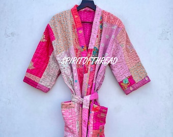 Giacca kimono patchwork di seta rosa, giacca Boho, giacca trapuntata, giacca patchwork di cotone di seta #07