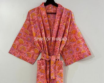 Popuar Now, Handblockdruck Kimono, indische Baumwollrobe, Damenbademantel, kostenlose Lieferung, Morgenmantel, Baumwollnachtwäscherobe, Bestseller