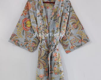 Kimono de algodón estampado: bata de mujer, ropa de dormir, talla única.