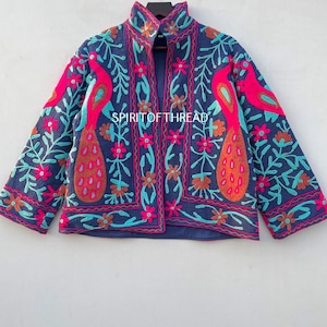 Dark Blue Cotton Suzani Embroidered Jacket: Handmade Winter Coat