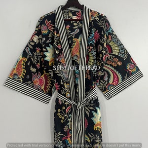 Floral Block Print Cotton Kimono Robe: Bohemian Bath Gown