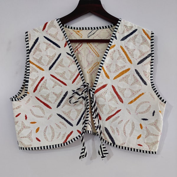 Indian Handmade Cut Work Kantha Quilted Vest, Patchwork Jacket, Embroidery Jacket, Cut Work Vest, Embroidered Vintage Work Coat #08