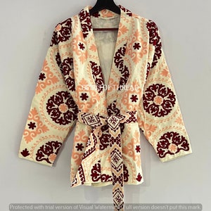 Hand Made Best Quality Cotton Suzani Hand Embroidery Short Kimono Jacket Women Light Weight Beautiful Jacket With belt