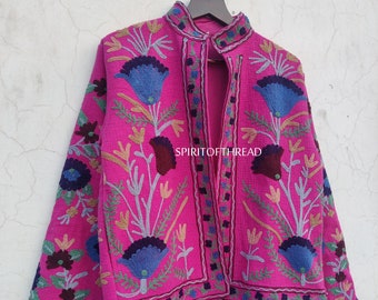 Pink Handmade Suzani Embroidery Jacket, Winter Wear Jacket Coat, Womens Coat, Suzani Short Jacket, TNT Fabric Suzani Jacket, Robe