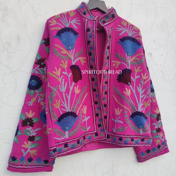 Pink Handmade Suzani Embroidery Jacket, Winter Wear Jacket Coat, Womens Coat, Suzani Short Jacket, TNT Fabric Suzani Jacket, Robe