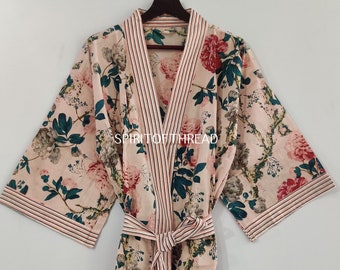 Wickelkleid, Stylisches Baumwoll-Kimono-Robe, Hochzeitskleid, Blockdruck-Kimono, Damenkleid, Bademantelkleid, Blumen-Kimono