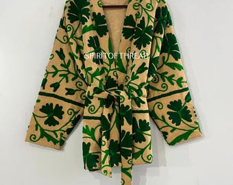 Handmade Suzani Cotton Short Jacket: Indian Robe Kimono