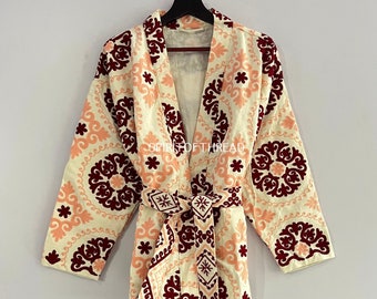 Unique Suzani Hand Embroidered Short Jacket | Autumn Winter Boho Uzbek Kashmir Crewel | Christmas Special Gift | Classic Beige Kimono