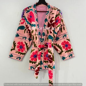Pink suzani jacket, multicolor embroidered kimono, short kimono, winter coat , cotton suzani jacket, autumn winter boho jacket