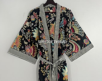 Shower robe Indian pure Cotton Bohemian Floral Bath Robe, Cotton Kimono Night wear Gown Block print kimono Wedding robe