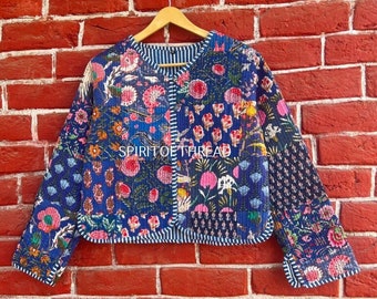 Blue Patchwork Quilted Jackets Floral Bohemian Style Fall Winter Jacket Coat Streetwear Boho Quilted Reversible Jacket for Women