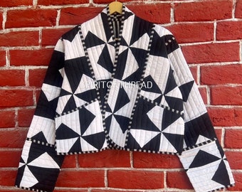 Black And White Quilted Patchwork Jacket, Women Bomber Jacket, Unique Fall Jacket, Boho Chic Autumn Coat - Perfect Gift for Her, Bestseller