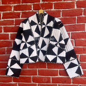 Black And White Quilted Patchwork Jacket, Women Bomber Jacket, Unique Fall Jacket, Boho Chic Autumn Coat - Perfect Gift for Her, Bestseller