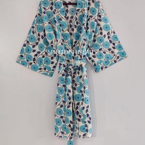 Floral Block Print Cotton Kimono Robe: Bohemian Beach Cover-Up
