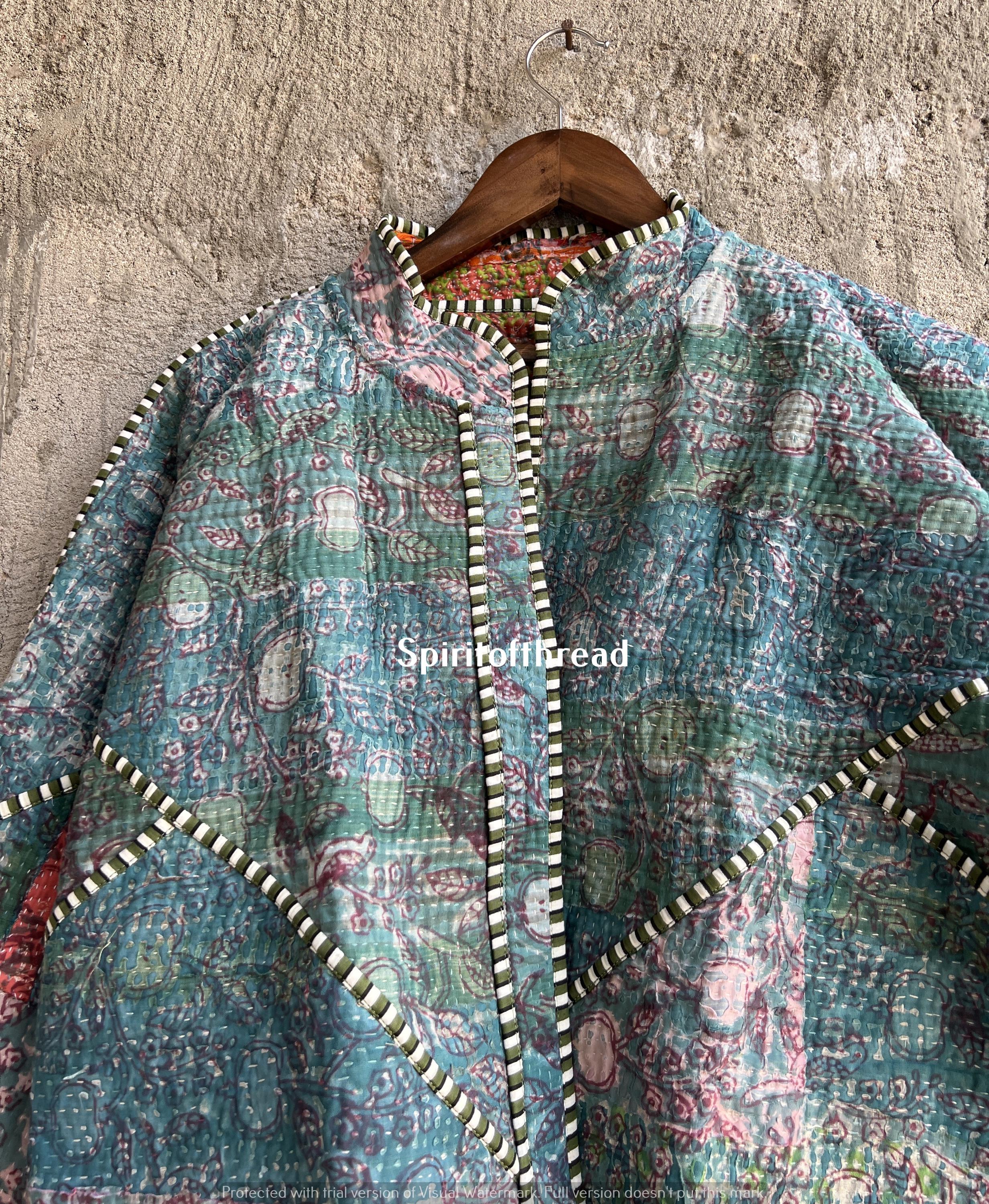 新品★パッチワーク　キルトジャケット　カンタ刺繍　リバーシブル　ブロックプリント 新品】キルトジャケット パッチワーク ブロックプリント