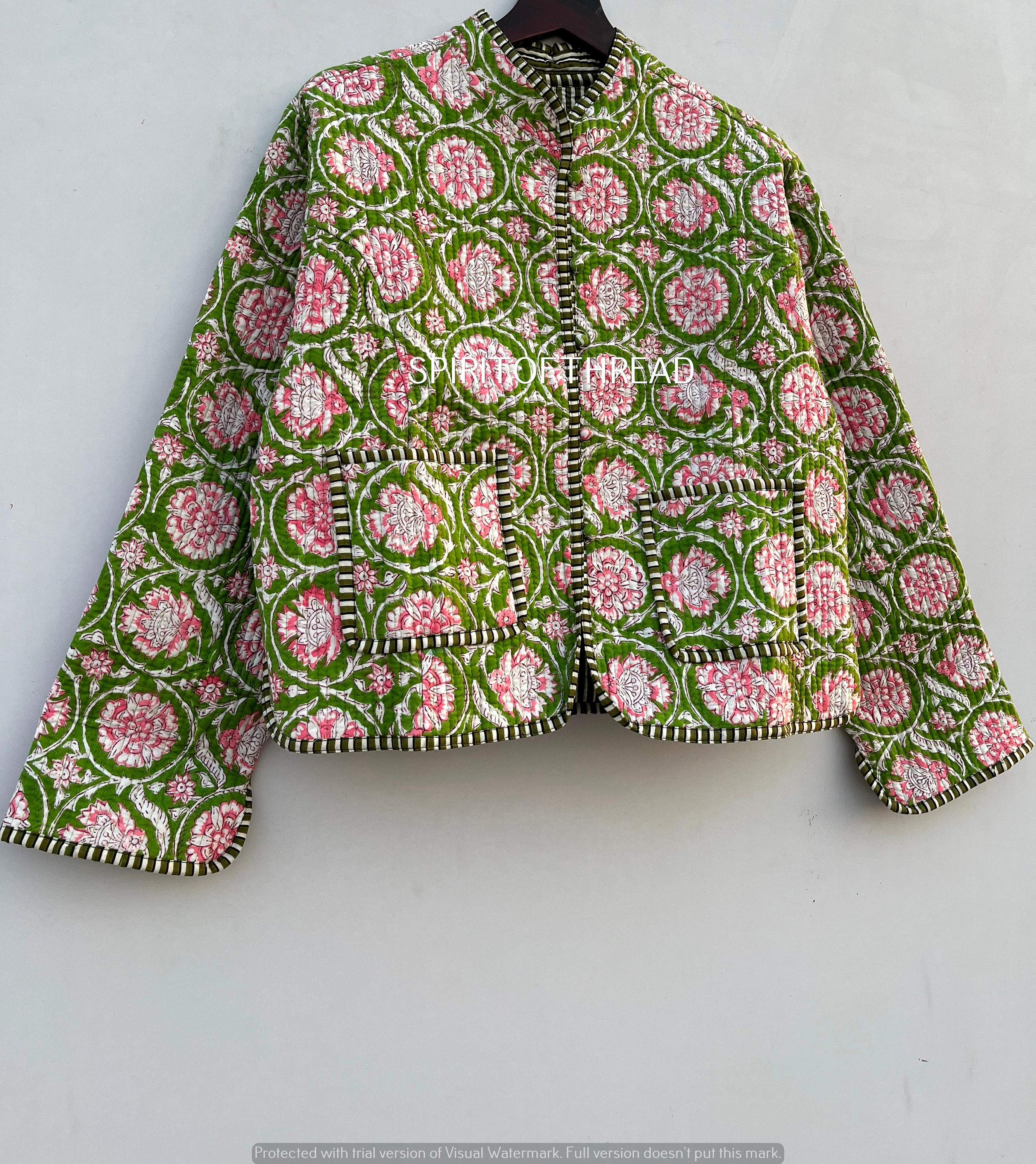 Handmade Indian Cotton Quilted Jacket: Floral Reversible Short