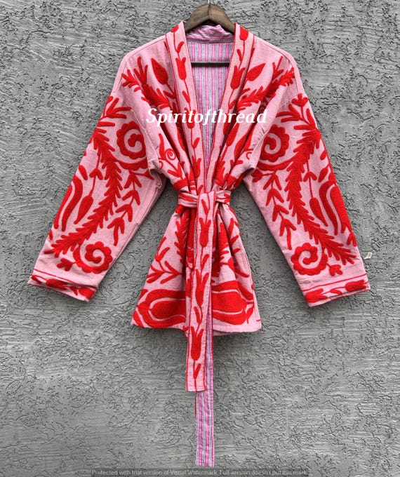 Handmade Cotton Suzani: Embroidery Kimono Jacket with Belt
