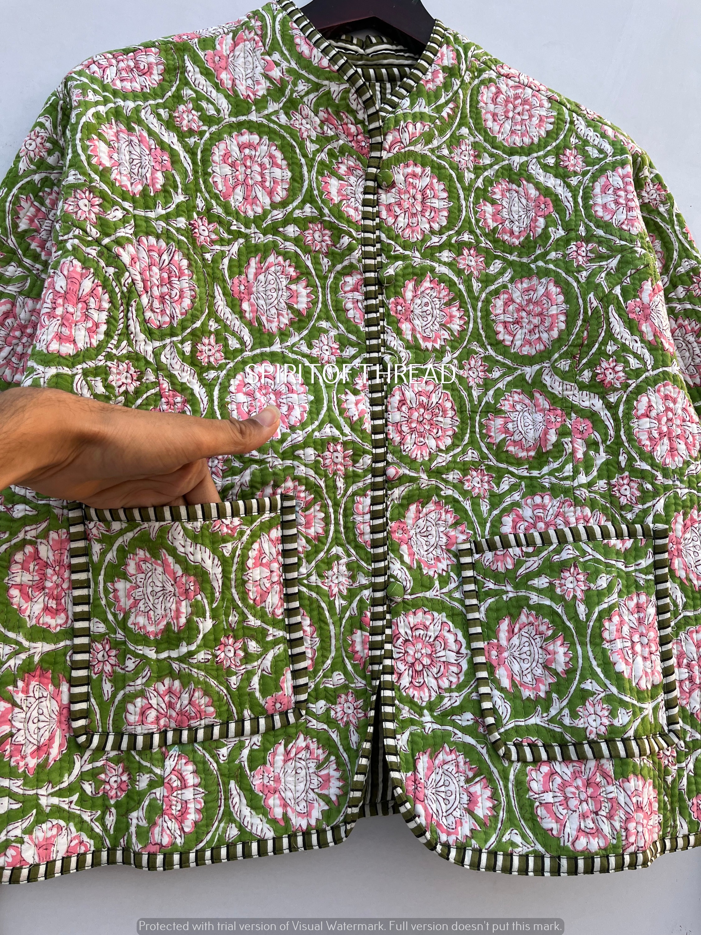 Handmade Indian Cotton Quilted Jacket: Floral Reversible Short