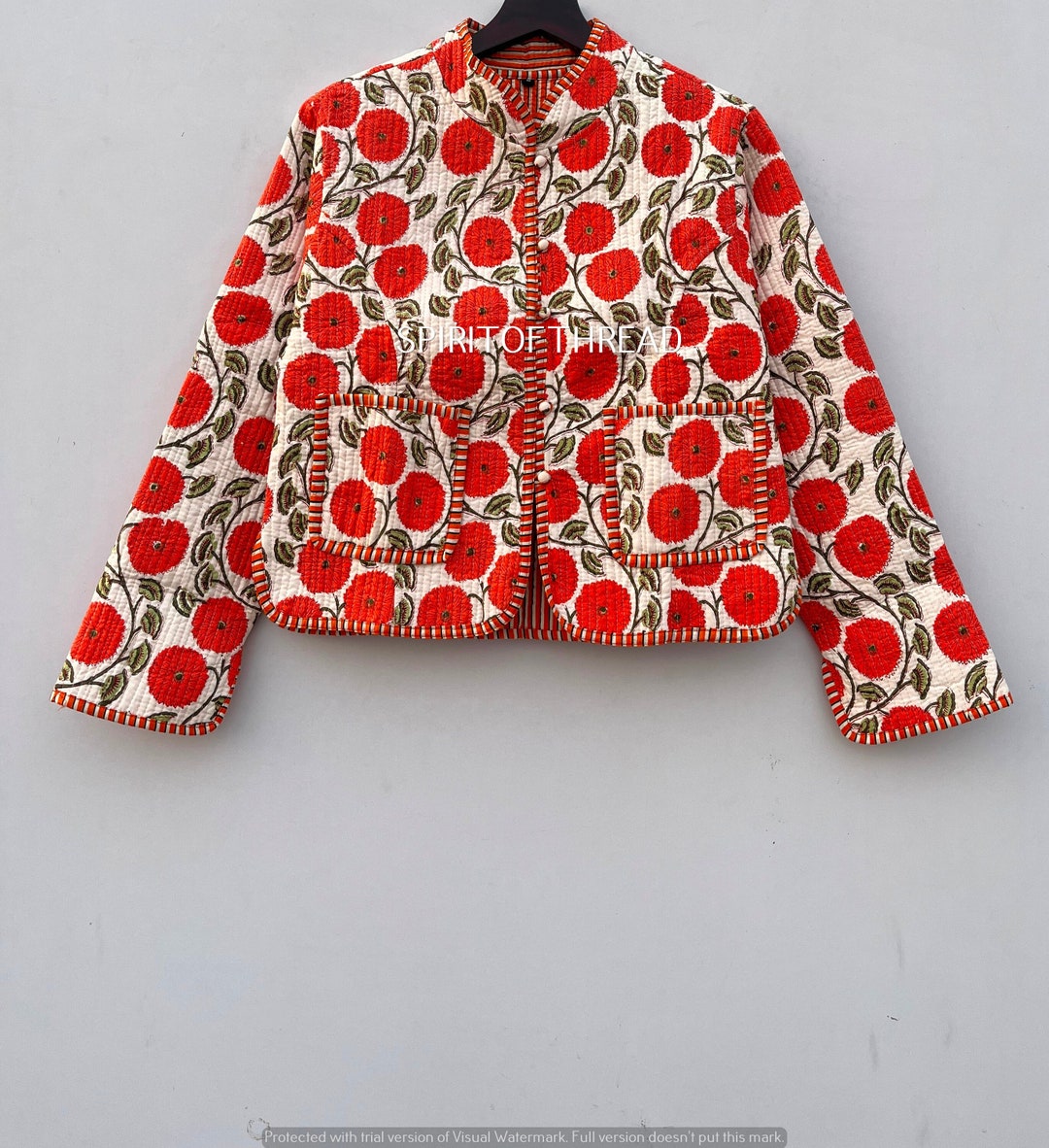 Cotton Quilted Jacket Women Wear Front Open Kimono Stripe Piping