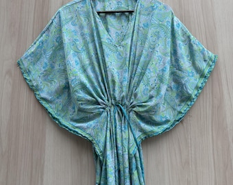 Kaftán de seda y sari hecho a mano para mujer: Kaftán tradicional de verano n.° 08