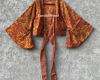Conjunto bohemio de seda floral: Top de manga acampanada para festivales
