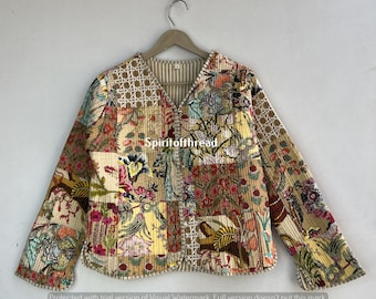 Handmade Floral Patchwork Quilted Cotton Jacket: Reversible Boho Coat