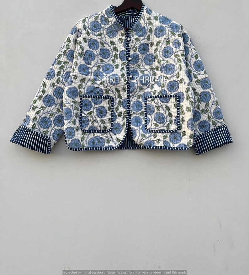 Geometric print stand collar quilted cotton coat