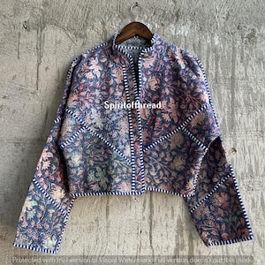 Reversible Kantha Quilt Kimono Jacket: Vintage Block Print Cotton