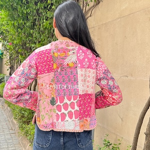 Pink Handmade Patchwork Jacket, Hand Stitched Cotton Patchwork Jacket ,Style Fall Winter Jacket Coat Streetwear Boho Quilted Reversible Coat image 5